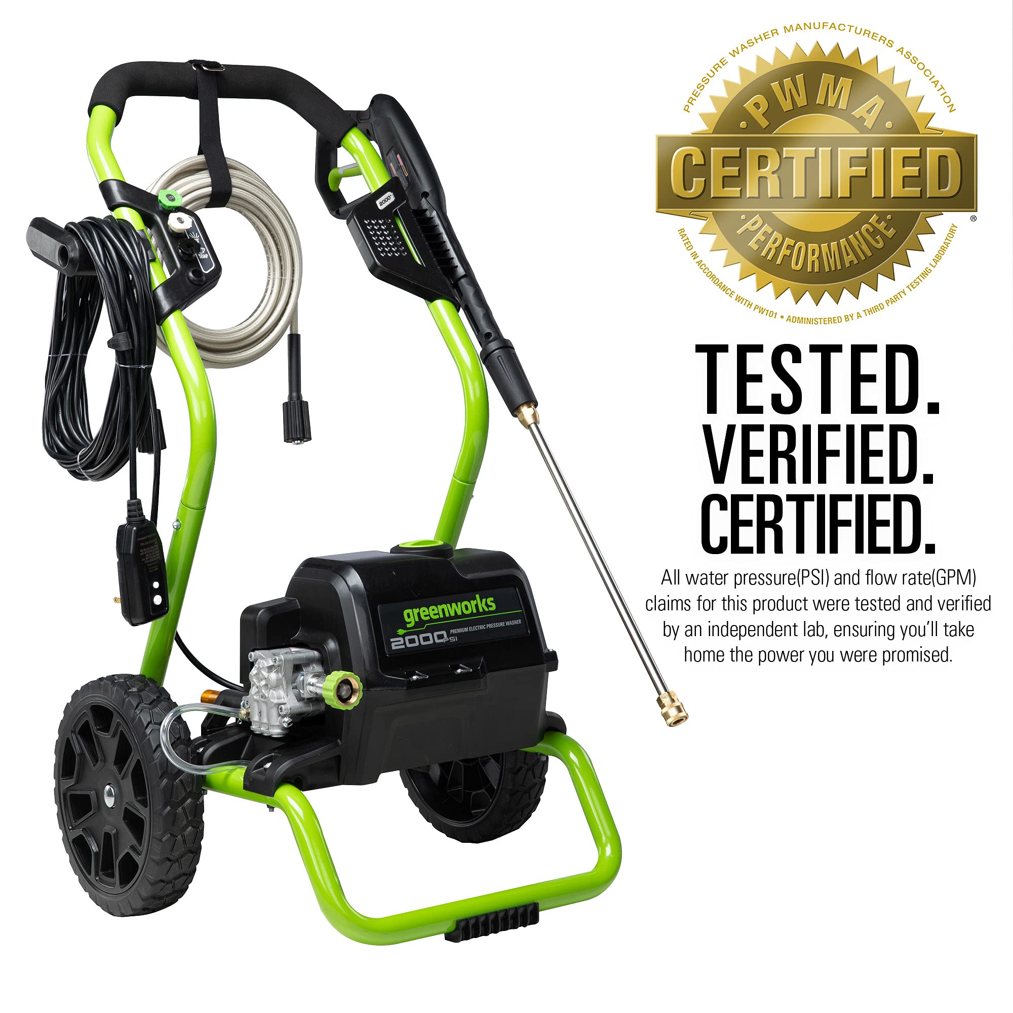 Greenworks spray gun and nozzle closeup showing precise control benefit