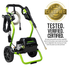 Greenworks spray gun and nozzle closeup showing precise control benefit