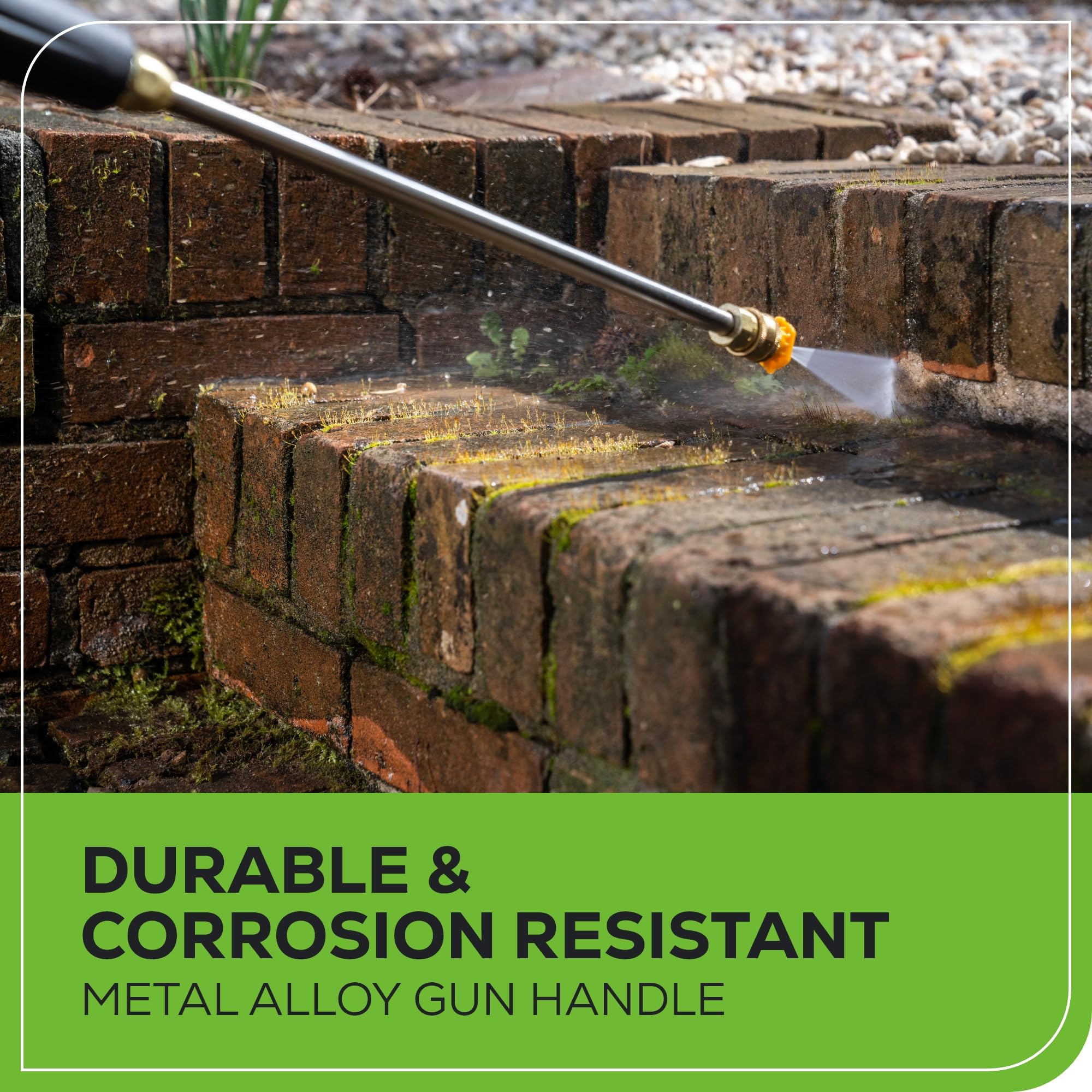 Greenworks ergonomic grip close-up showing comfort and reduced hand fatigue