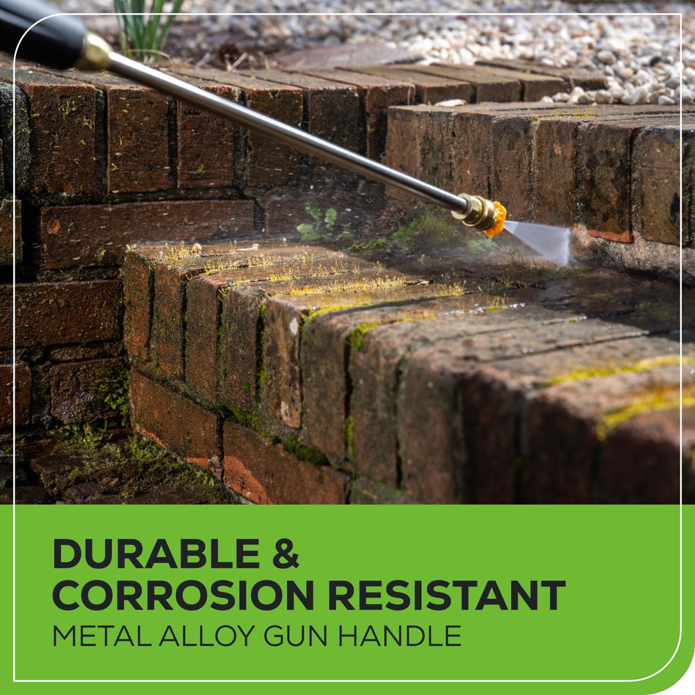 Greenworks ergonomic grip close-up showing comfort and reduced hand fatigue
