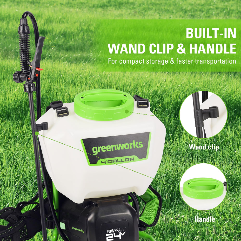 Greenworks sprayer producing a steady stream illustrating 25ft reach for hard-to-reach spots