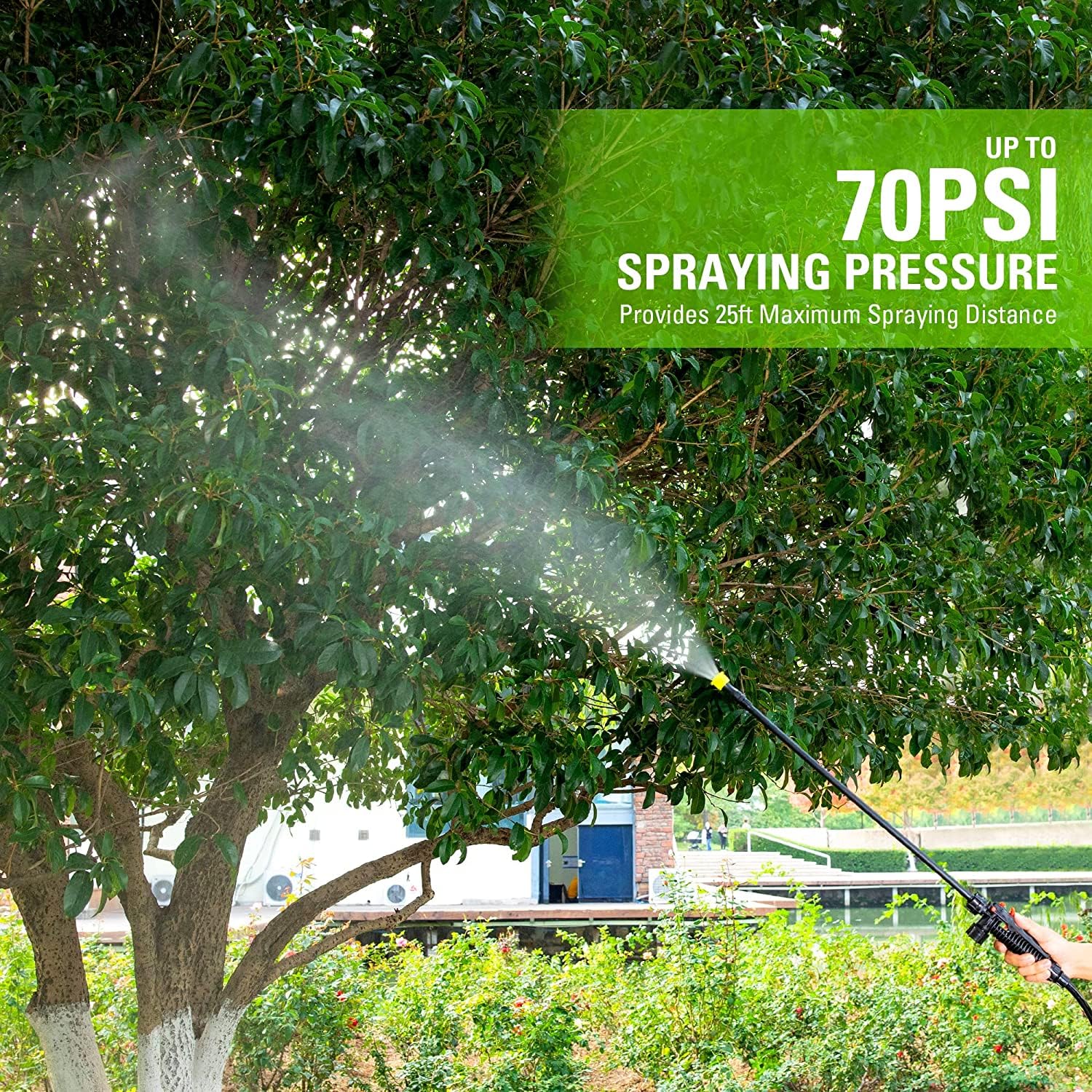 Greenworks sprayer in use treating garden beds for even coverage benefit