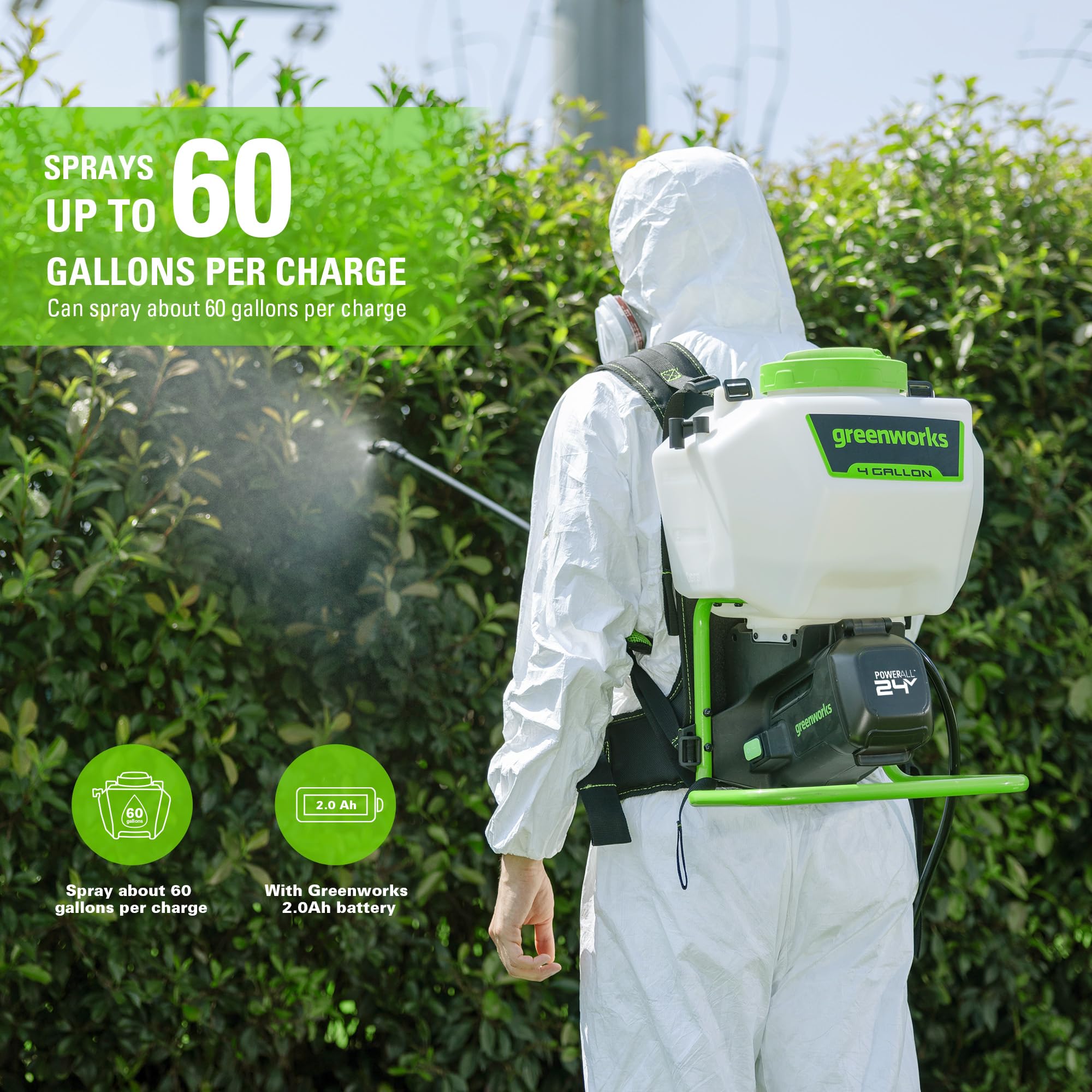 Greenworks tank and cap detail highlighting 4-gallon capacity and easy filling