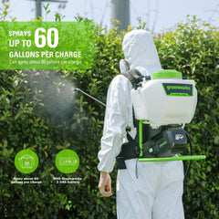 Greenworks tank and cap detail highlighting 4-gallon capacity and easy filling