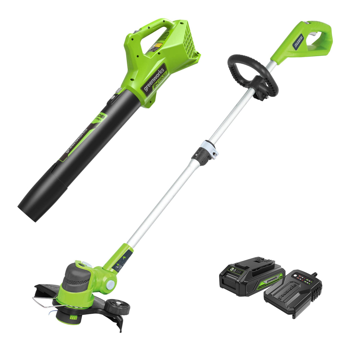 Greenworks front kit shot showing both tools and battery for easy storage