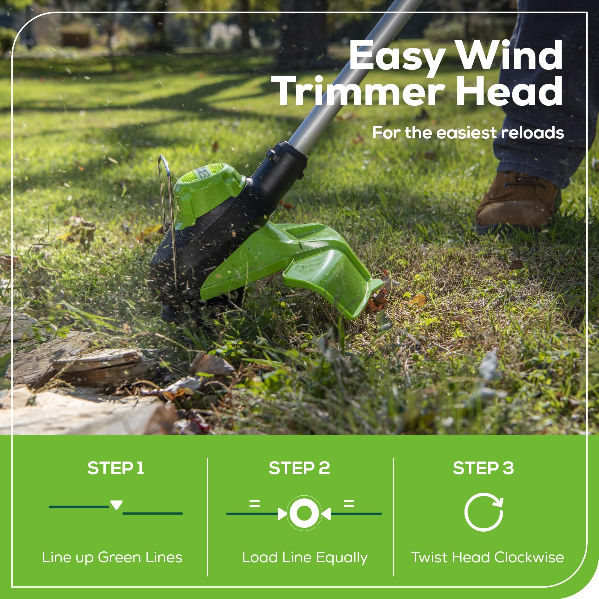 Greenworks trimmer head close-up highlighting dual-line bump-feed for durable cutting