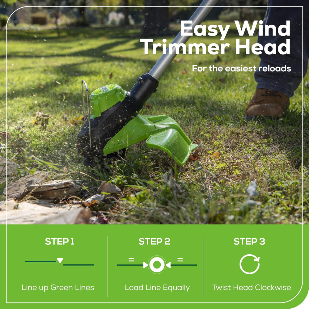 Greenworks trimmer head close-up highlighting dual-line bump-feed for durable cutting