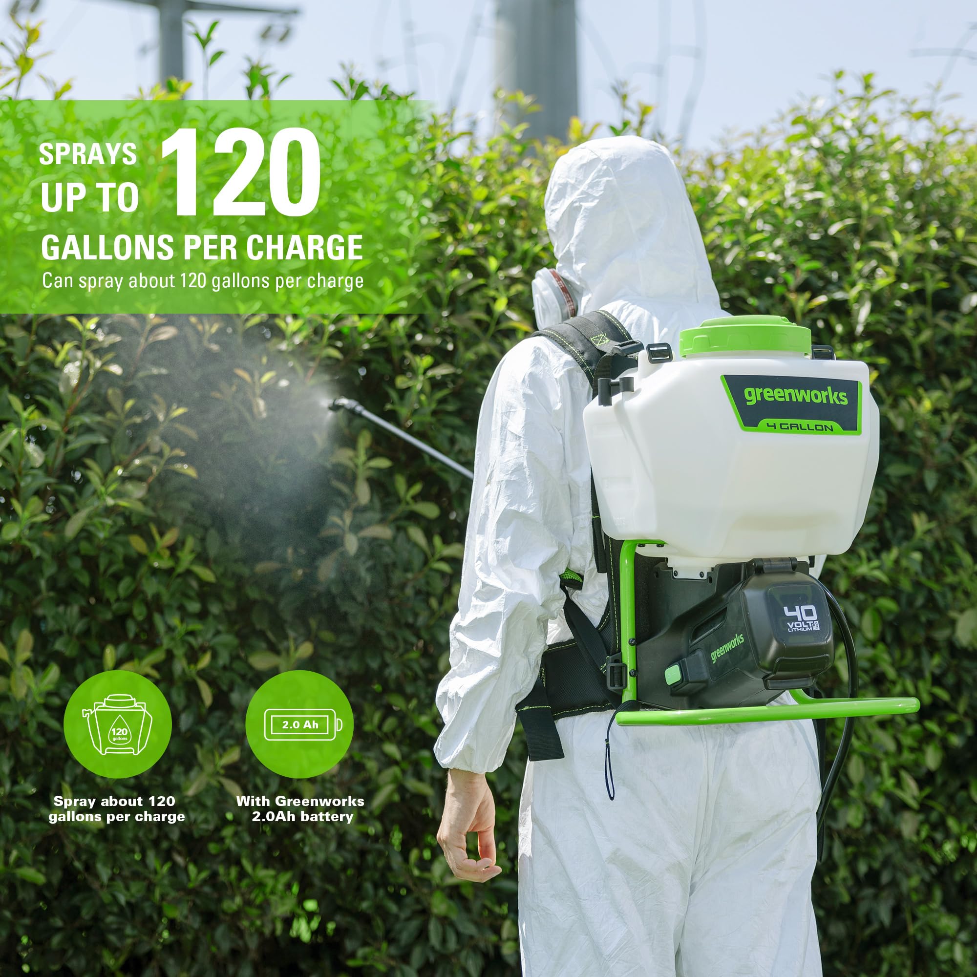 Greenworks tank cap and hose detail showing easy fill and leak prevention benefit