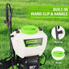 Greenworks 4-gallon tank cap and fill markings demonstrating easy refills and accurate mixing