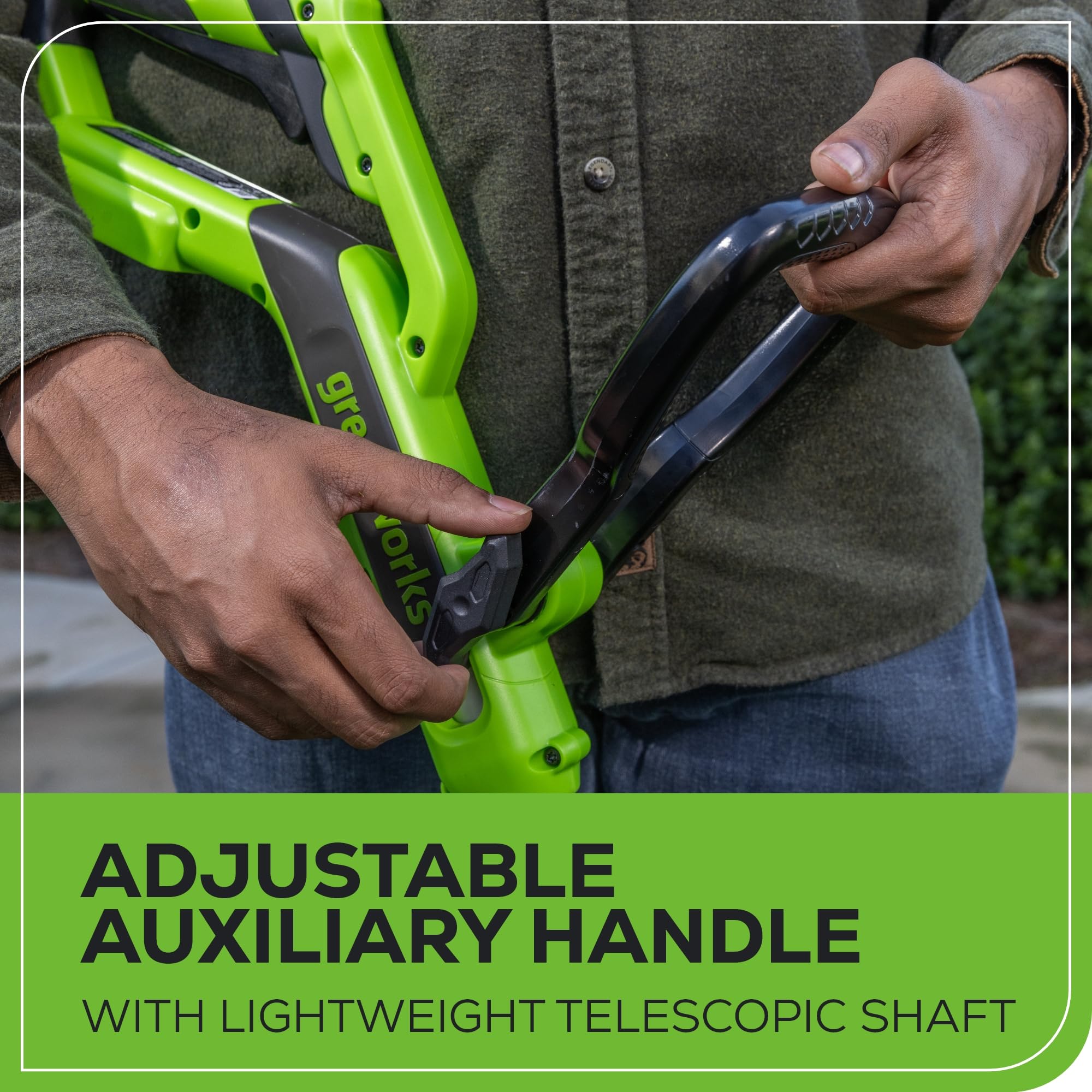 Greenworks telescoping shaft detail showing adjustable height for comfort