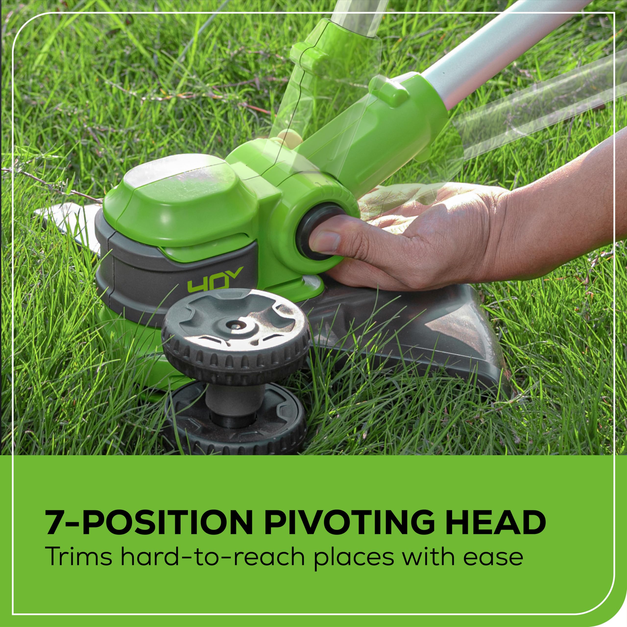 Greenworks telescoping shaft detail demonstrating adjustable user comfort
