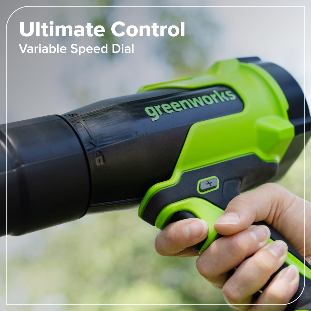 Greenworks textured grip and controls for comfortable handling benefit