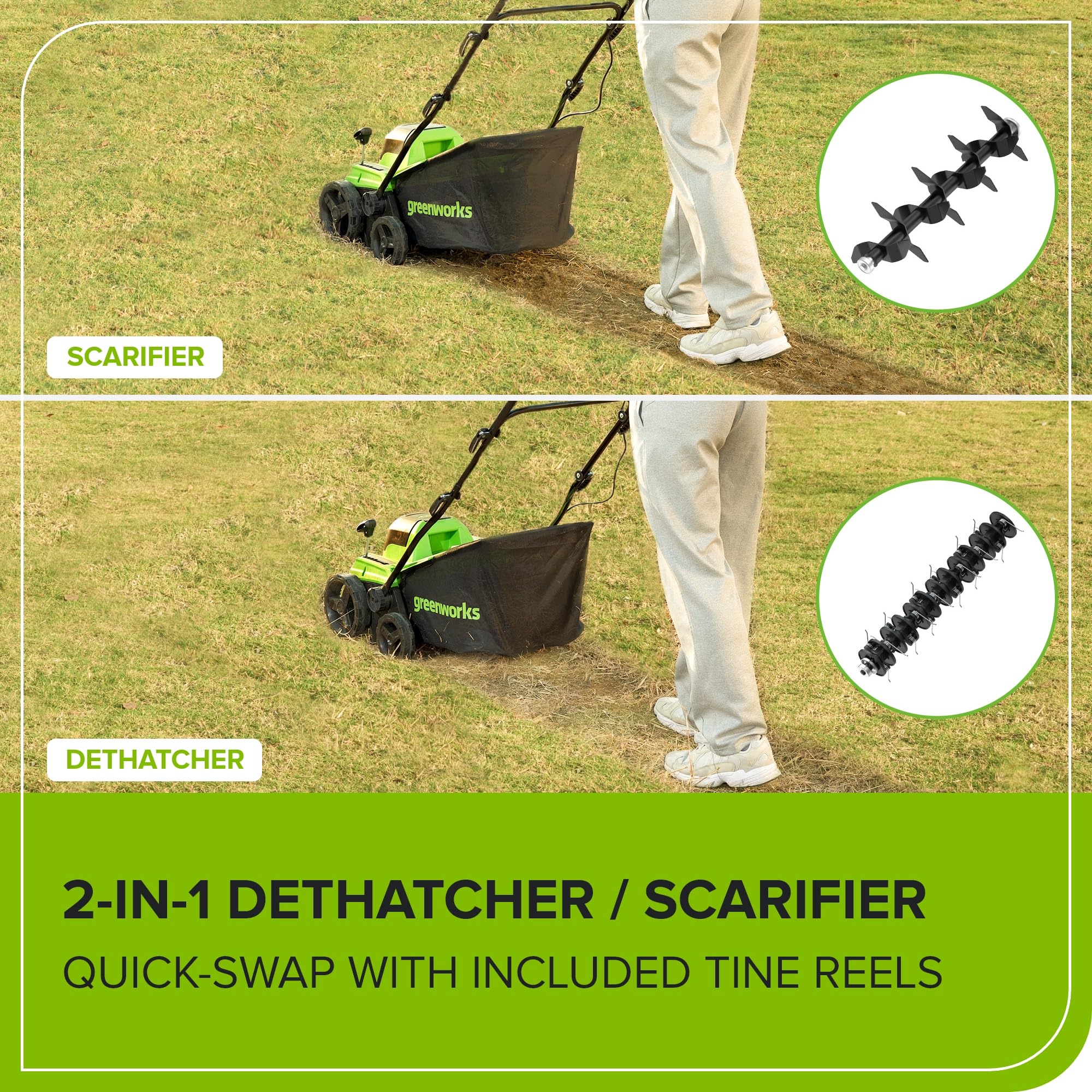 Greenworks tine reels close-up highlighting quick-swap function and versatility
