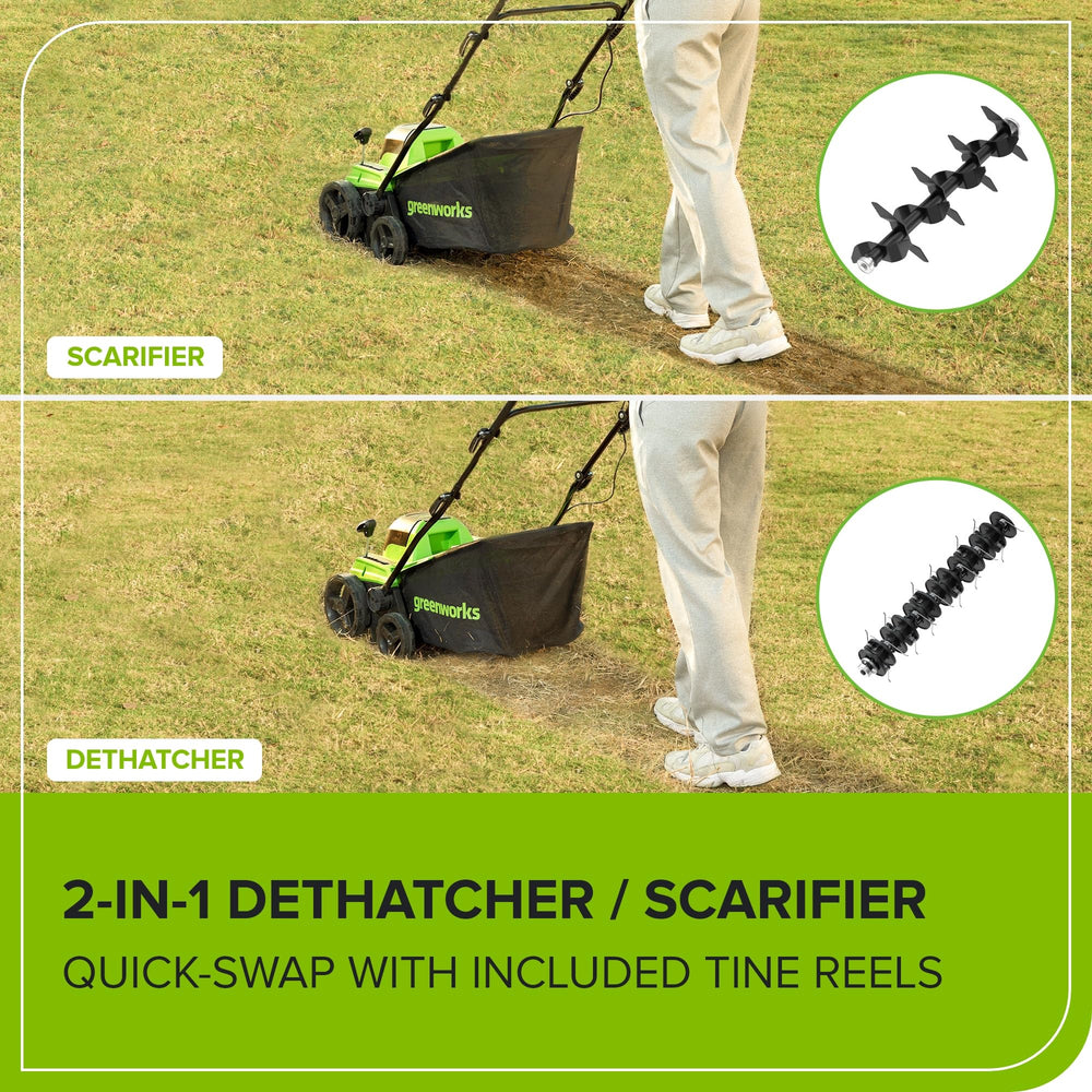 Greenworks tine reels close-up highlighting quick-swap function and versatility