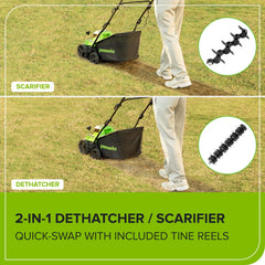 Greenworks tine reels close-up highlighting quick-swap function and versatility