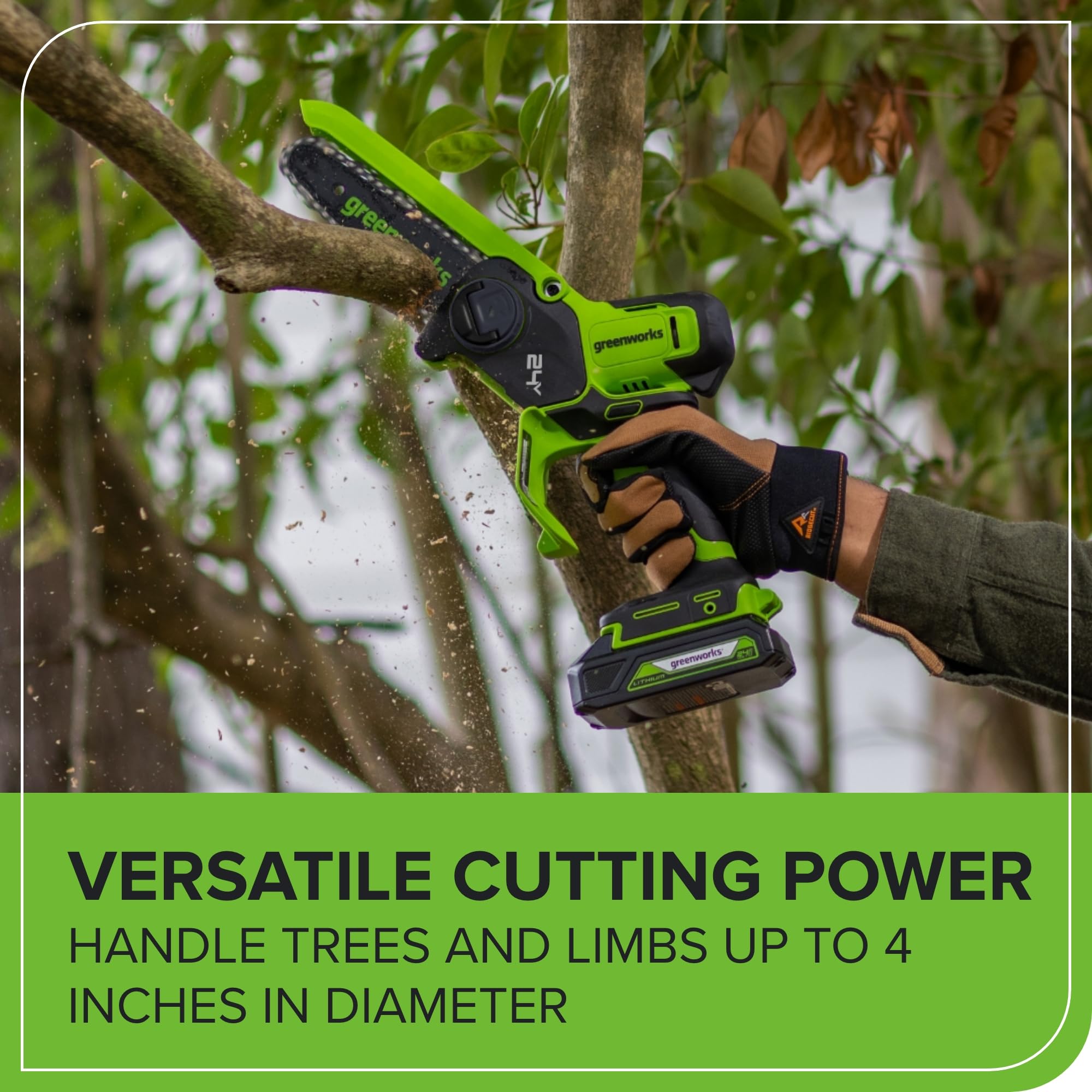 Greenworks tool-free tensioning knob detail for fast chain adjustments