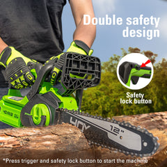Greenworks compact chainsaw in hand demonstrating lightweight handling benefit