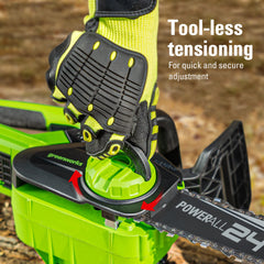 Greenworks tool-less tensioning detail showing easy chain adjustments for faster maintenance