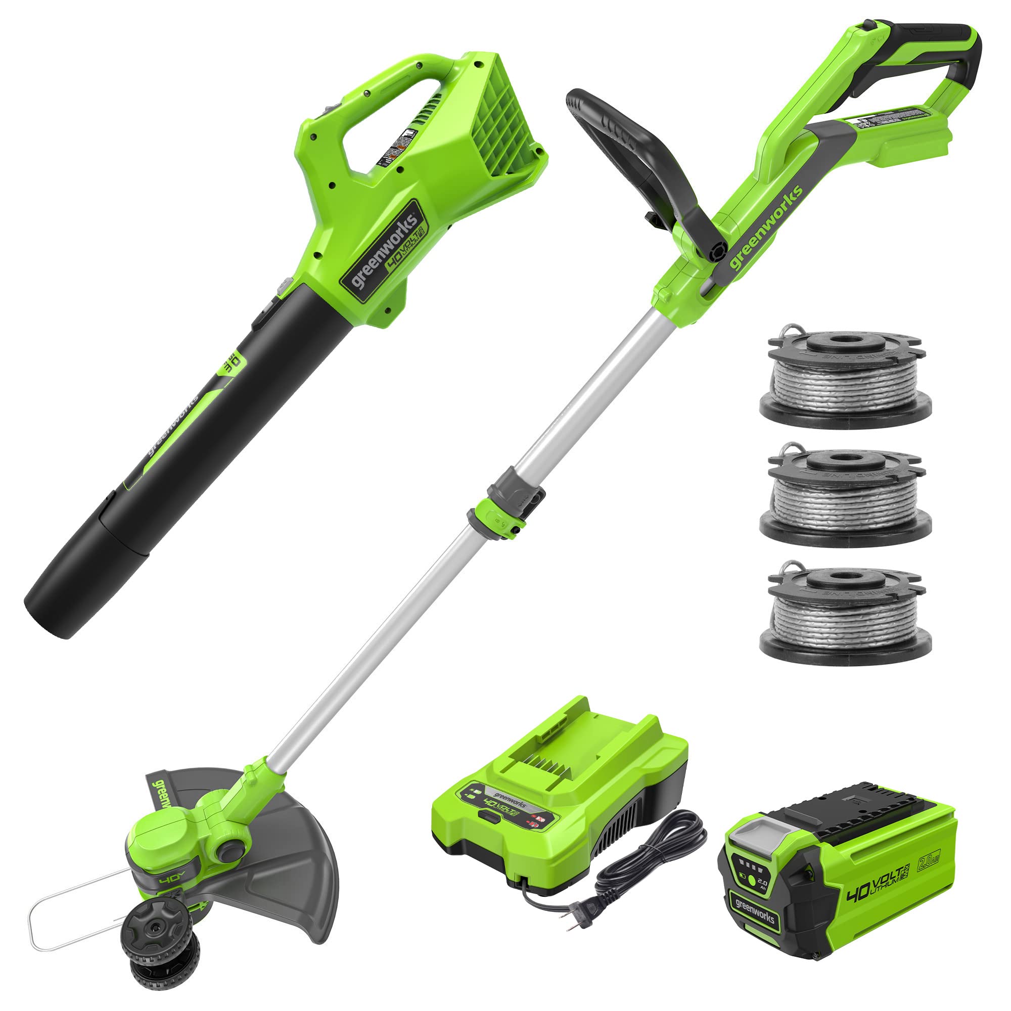 Greenworks combo front view showing trimmer and blower benefits portability