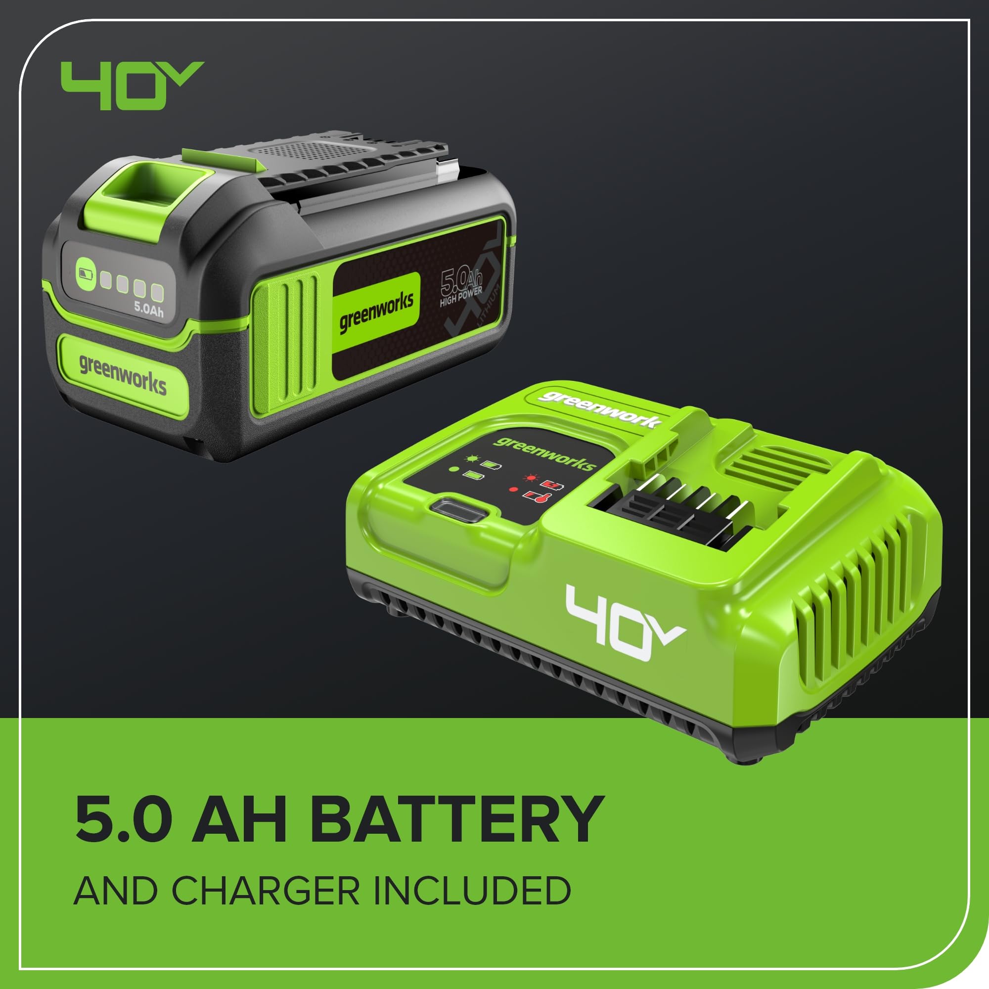 Greenworks 6A rapid charger with 5.0Ah battery showing fast recharge benefit