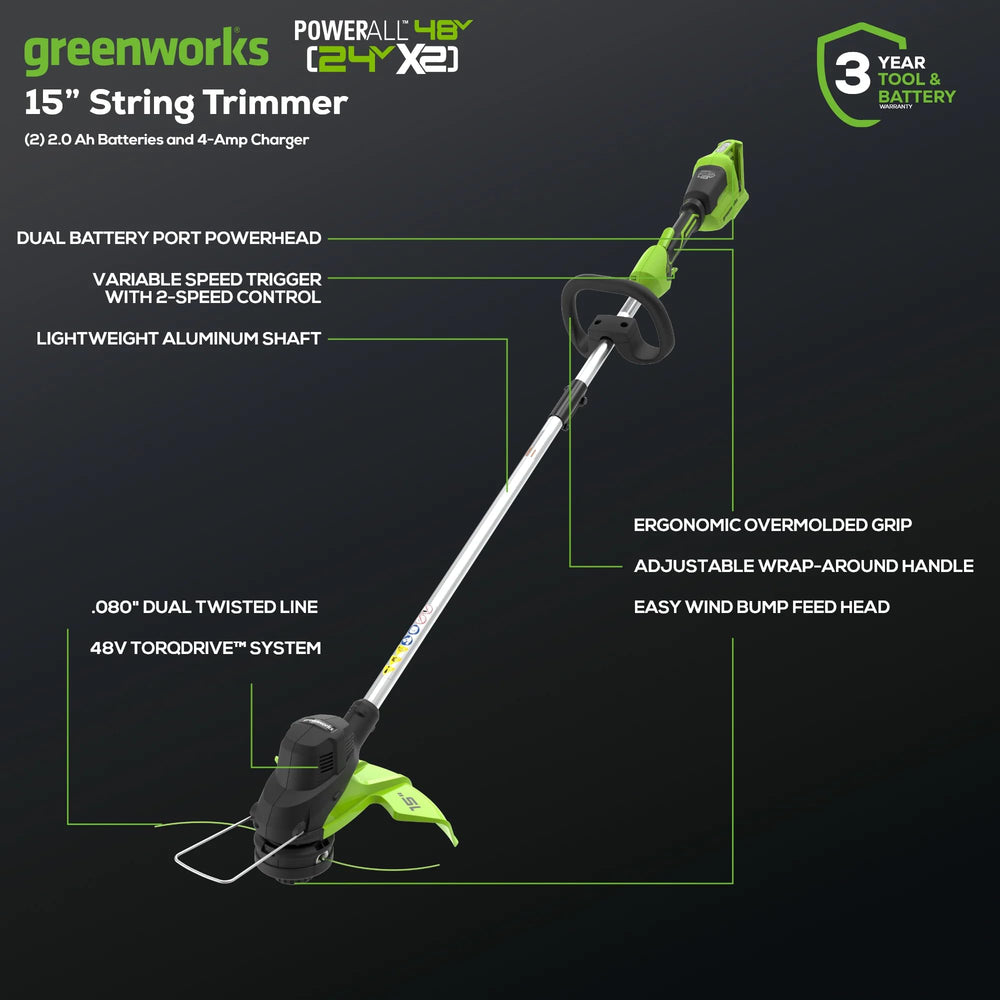 Greenworks bump-feed dual-line head close-up for fast line advancement benefit