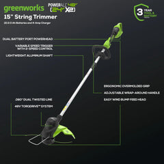 Greenworks bump-feed dual-line head close-up for fast line advancement benefit