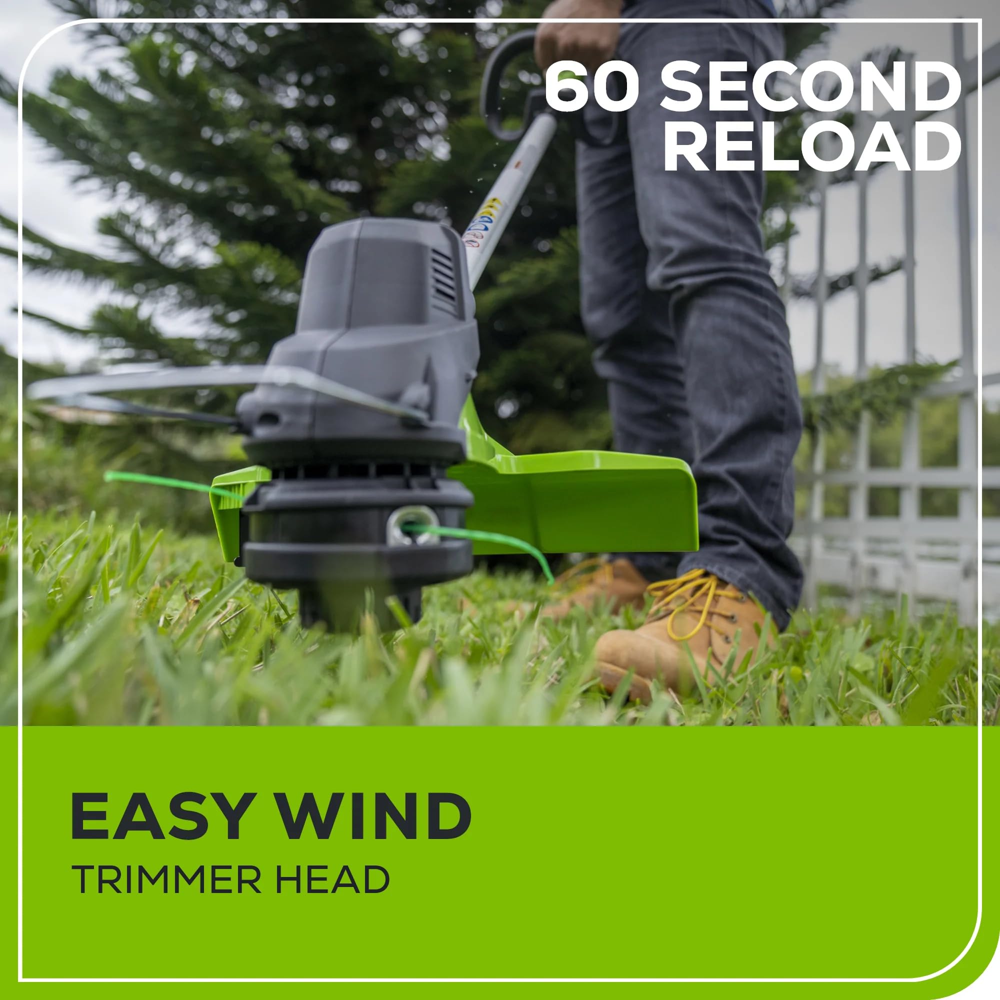 Greenworks trimmer beside measuring tape illustrating 15-inch cutting width