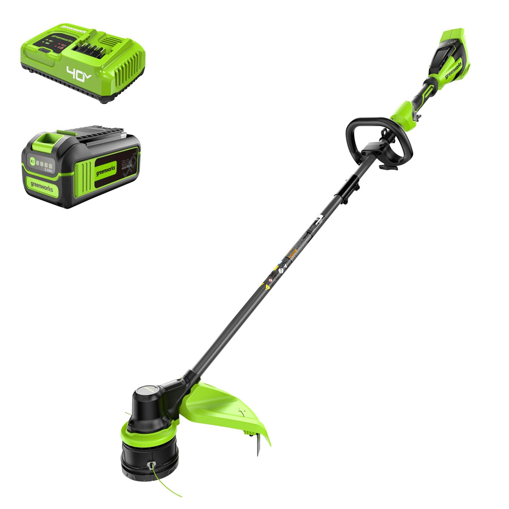Greenworks trimmer front view showing cutting head and shaft for clear visibility benefit