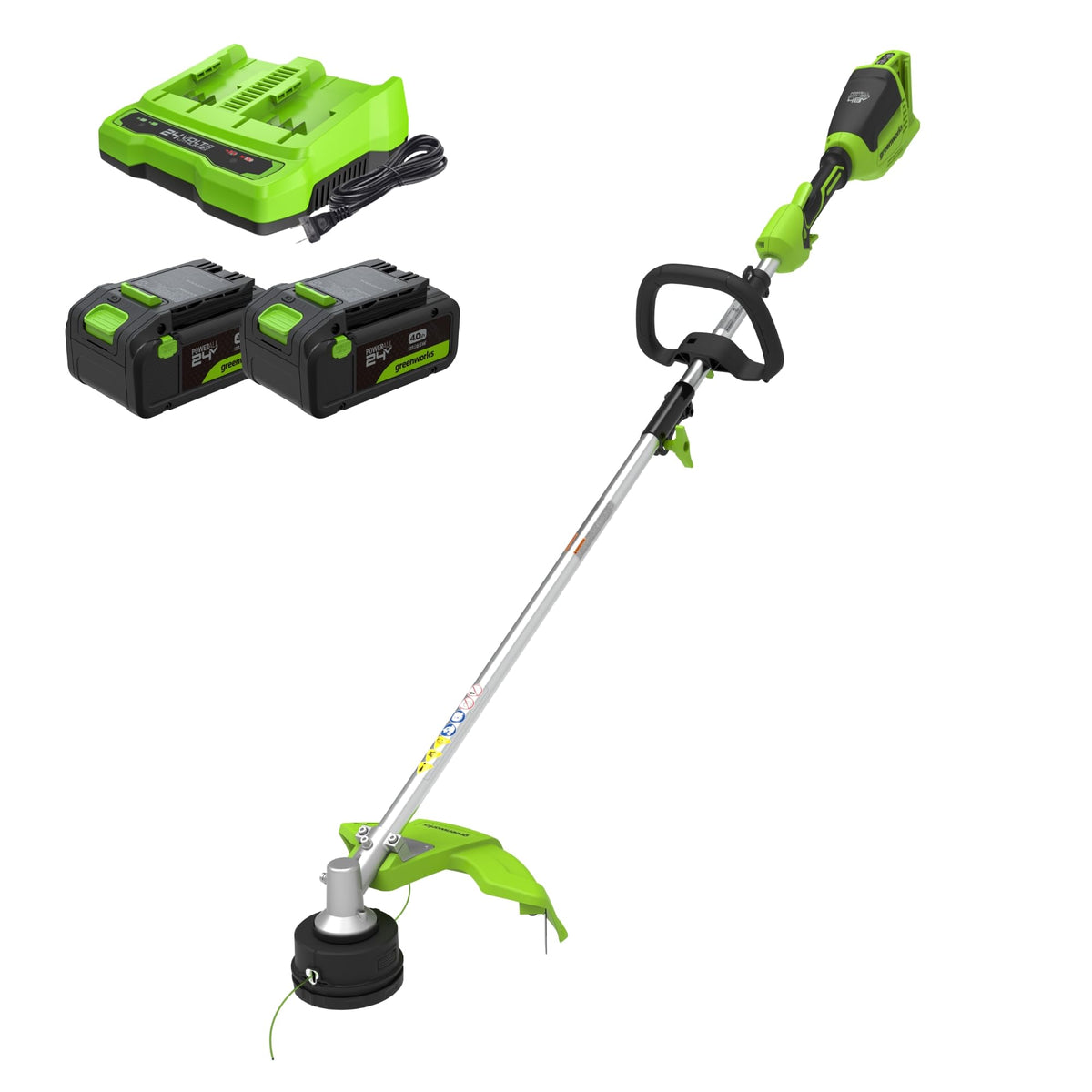 Greenworks trimmer front view showing 16 inch cutting path and ergonomic handle benefit ease