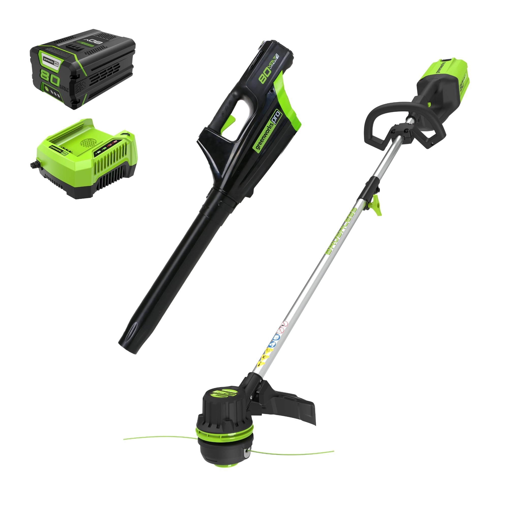 Greenworks trimmer front view showing ergonomic shaft and balanced handling benefit