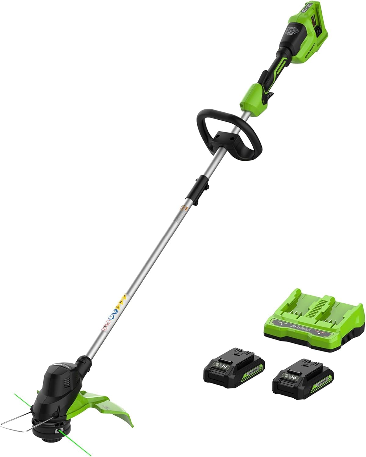 Greenworks trimmer front view showing 15-inch cutting path and lightweight frame