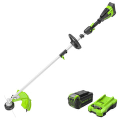 Greenworks front view of trimmer showing balanced design and easy handling benefit