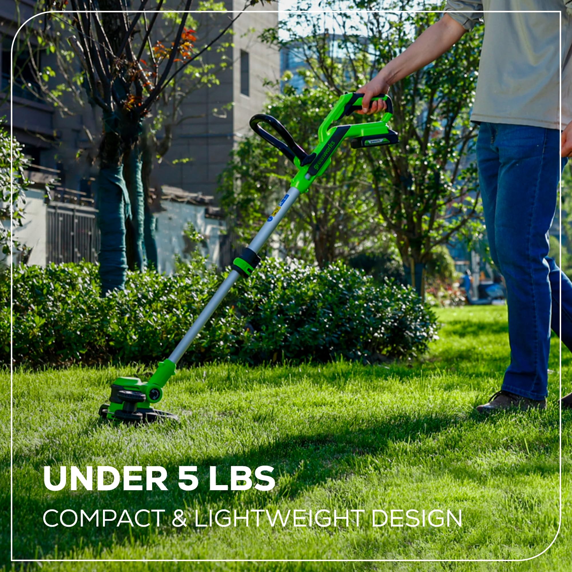 Greenworks trimmer handle and controls detail enabling easy operation