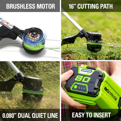 Greenworks trimmer head closeup showing bump-feed mechanism for quick line advancement