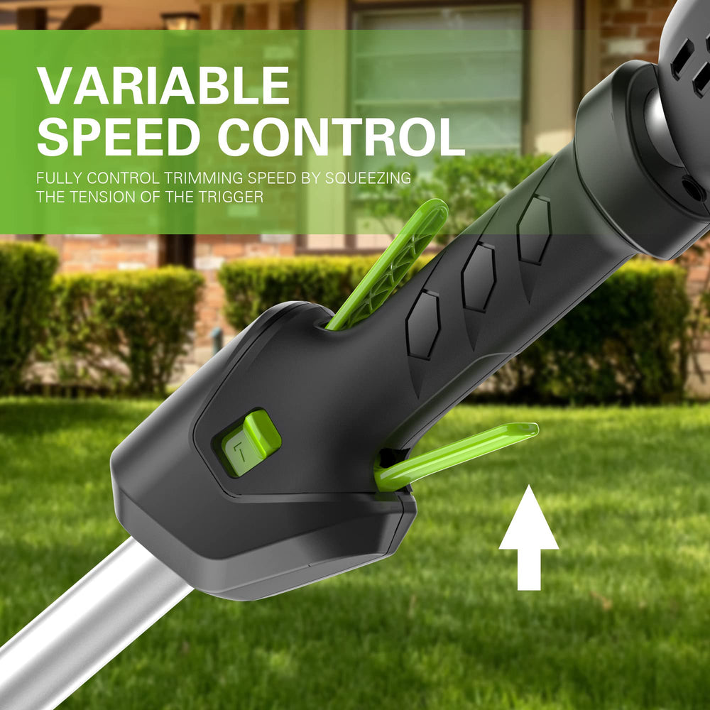 Greenworks trimmer in use on lawn demonstrating cordless convenience and maneuverability