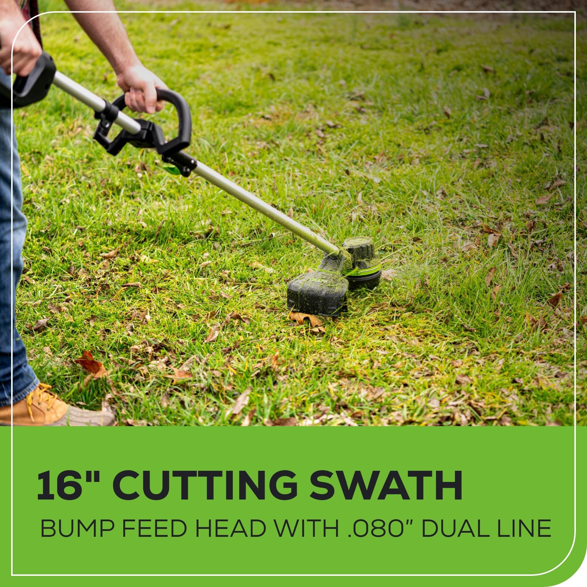 Greenworks trimmer in use on lawn demonstrating clean 16-inch cutting path benefit