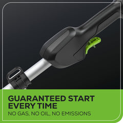Greenworks pole trimmer in use on tall hedge for safer ground trimming