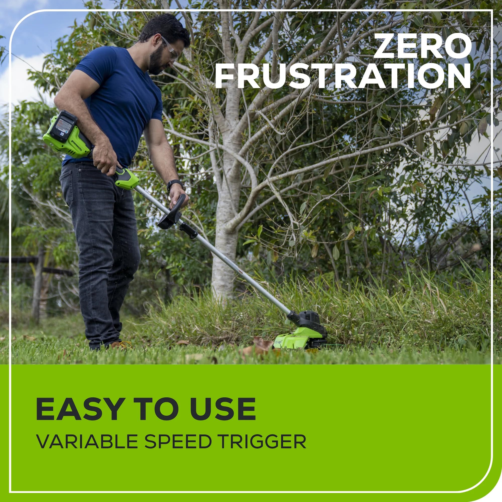 Greenworks trimmer being used along a lawn edge highlighting easy maneuverability