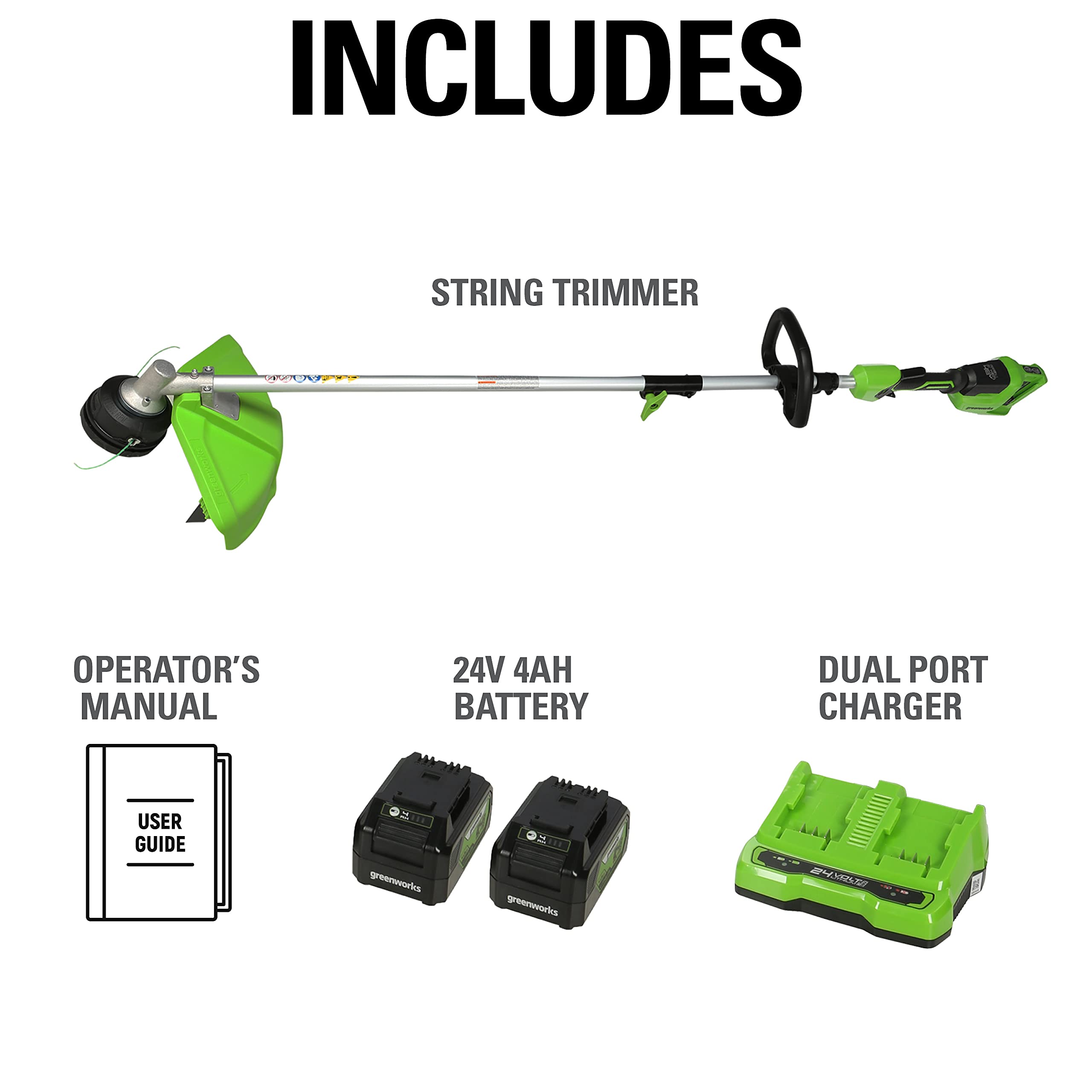 Greenworks trimmer shown next to user for scale highlighting lightweight handling benefit