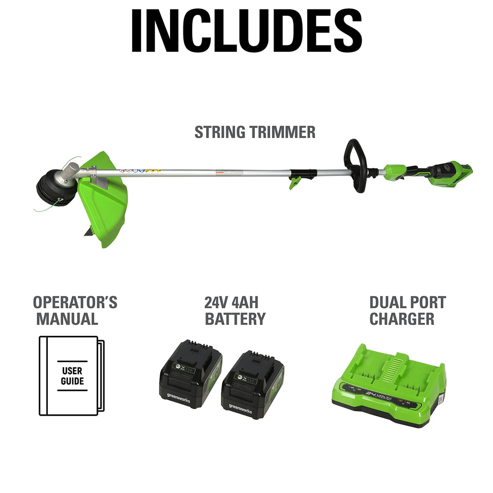 Greenworks trimmer shown next to user for scale highlighting lightweight handling benefit