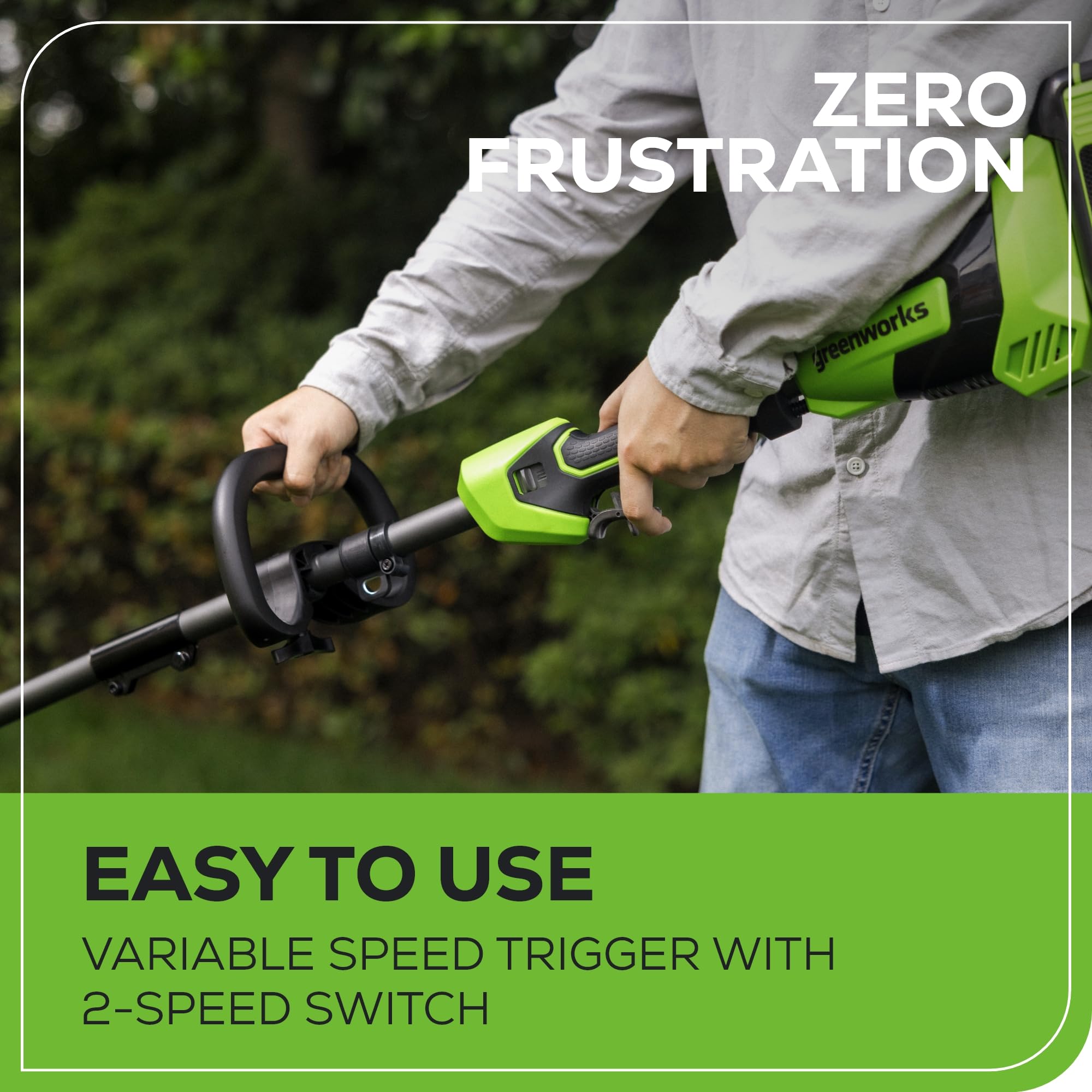 Greenworks trimmer beside scale highlighting lightweight design for reduced fatigue
