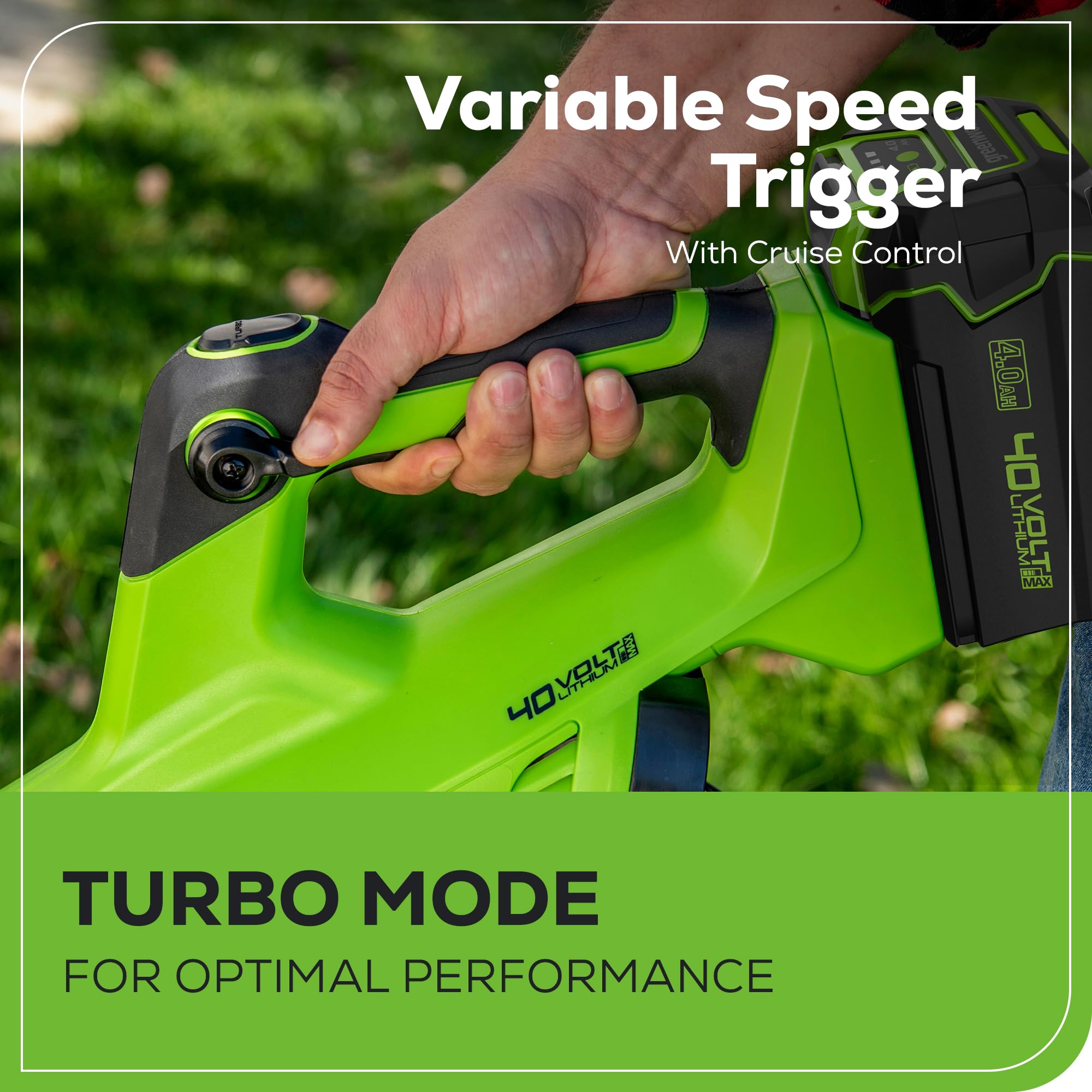 Greenworks Turbo button detail for instant high-power debris removal