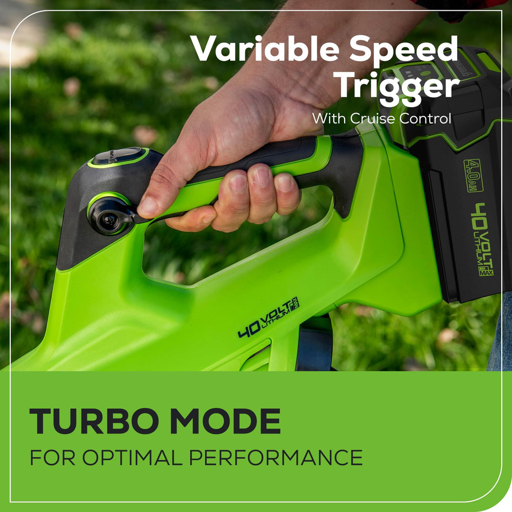 Greenworks Turbo button detail for instant high-power debris removal