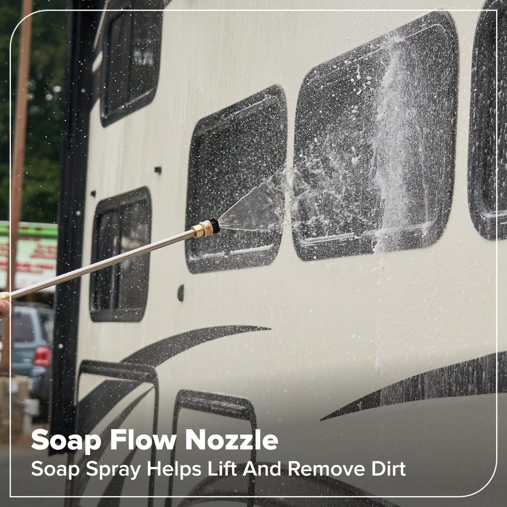 Greenworks in use cleaning a driveway demonstrating powerful stain removal