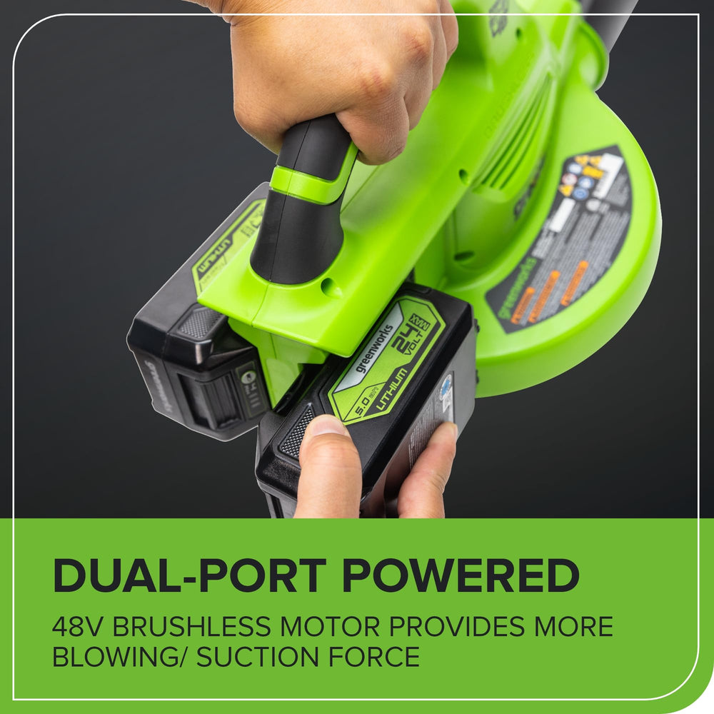Greenworks vacuum mode sucking leaves into bag for easy cleanup benefit