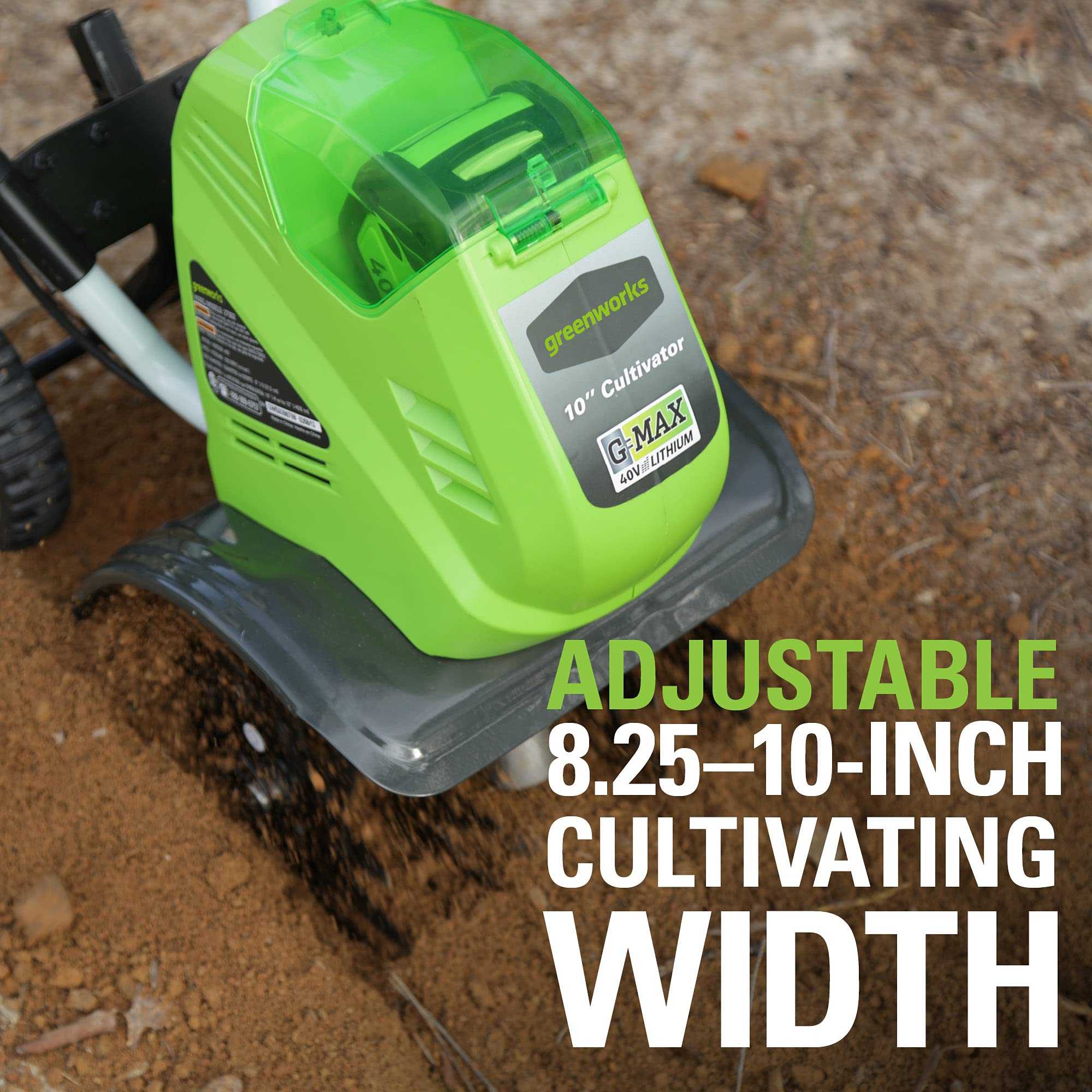 Greenworks adjustable width mechanism showing 8.25 to 10 inch setting versatility