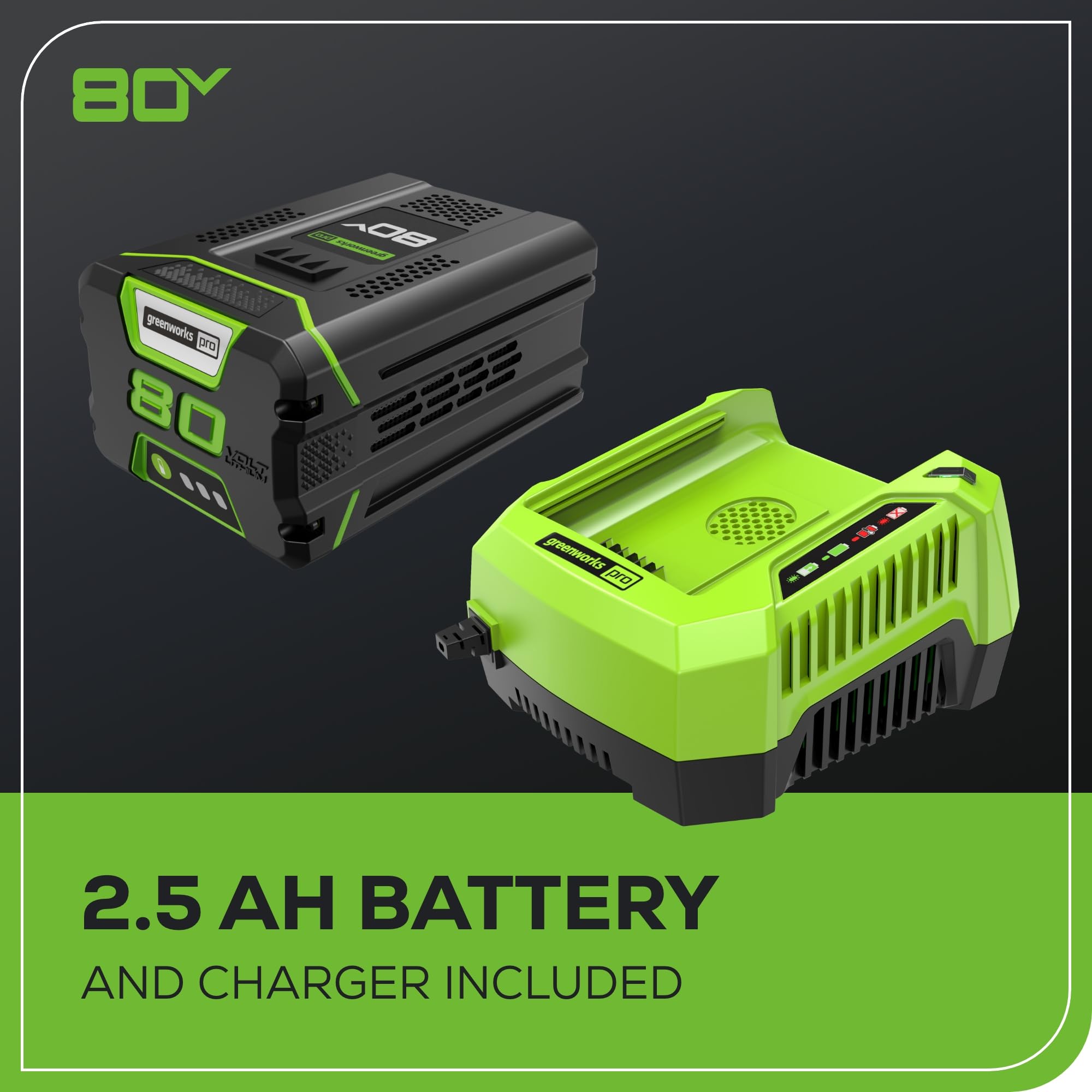 Greenworks blower with 2.5 Ah battery installed for ready runtime