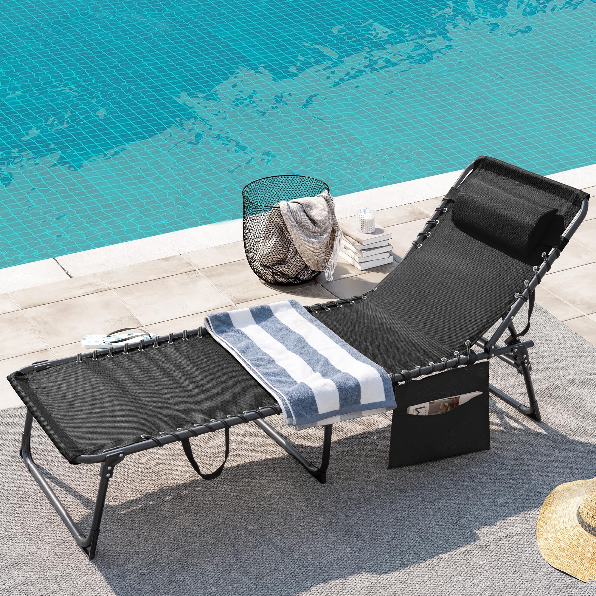 Greesum chaise lounge folded flat for compact transport and easy storage