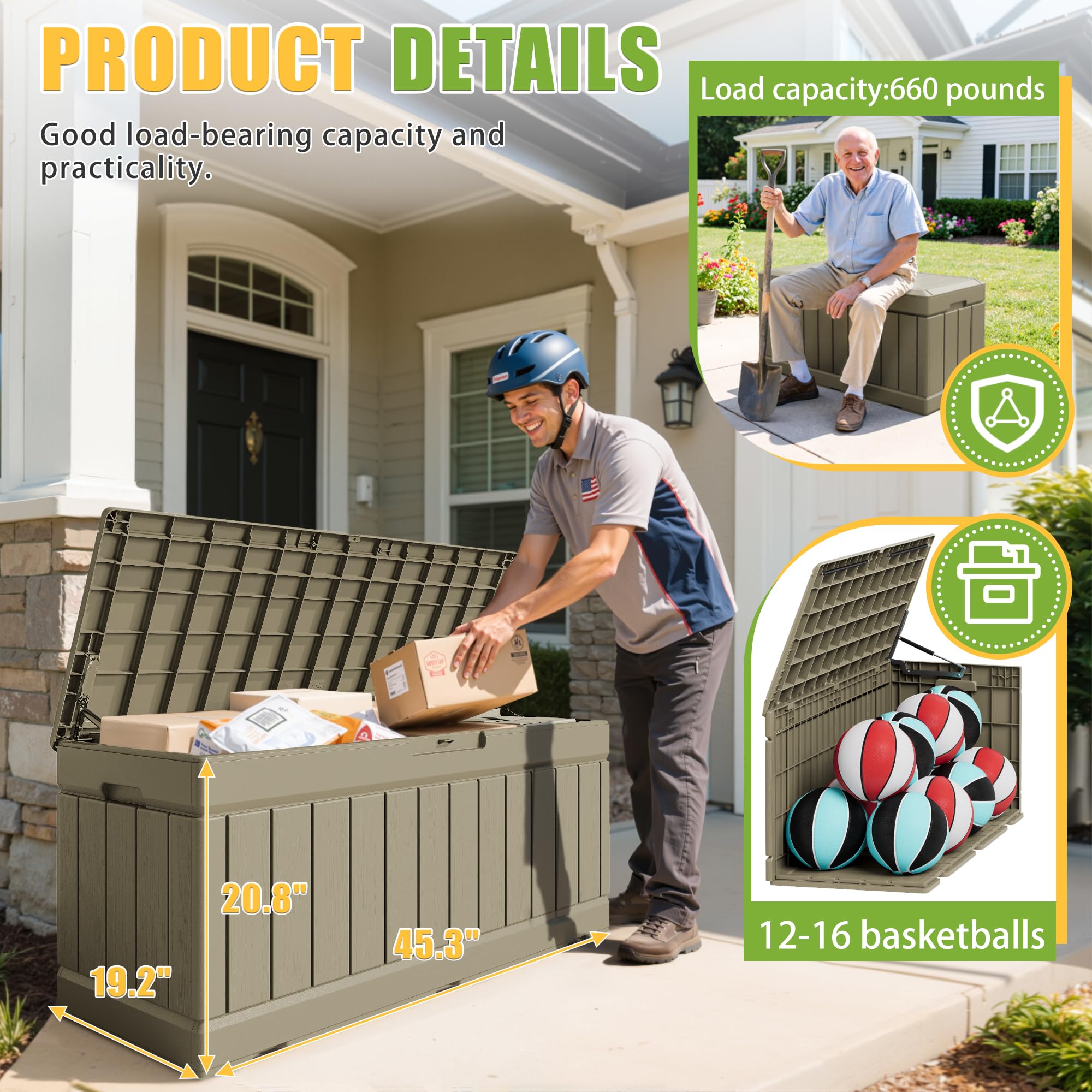 Greesum storage box on patio holding garden tools and cushions for organized outdoor living