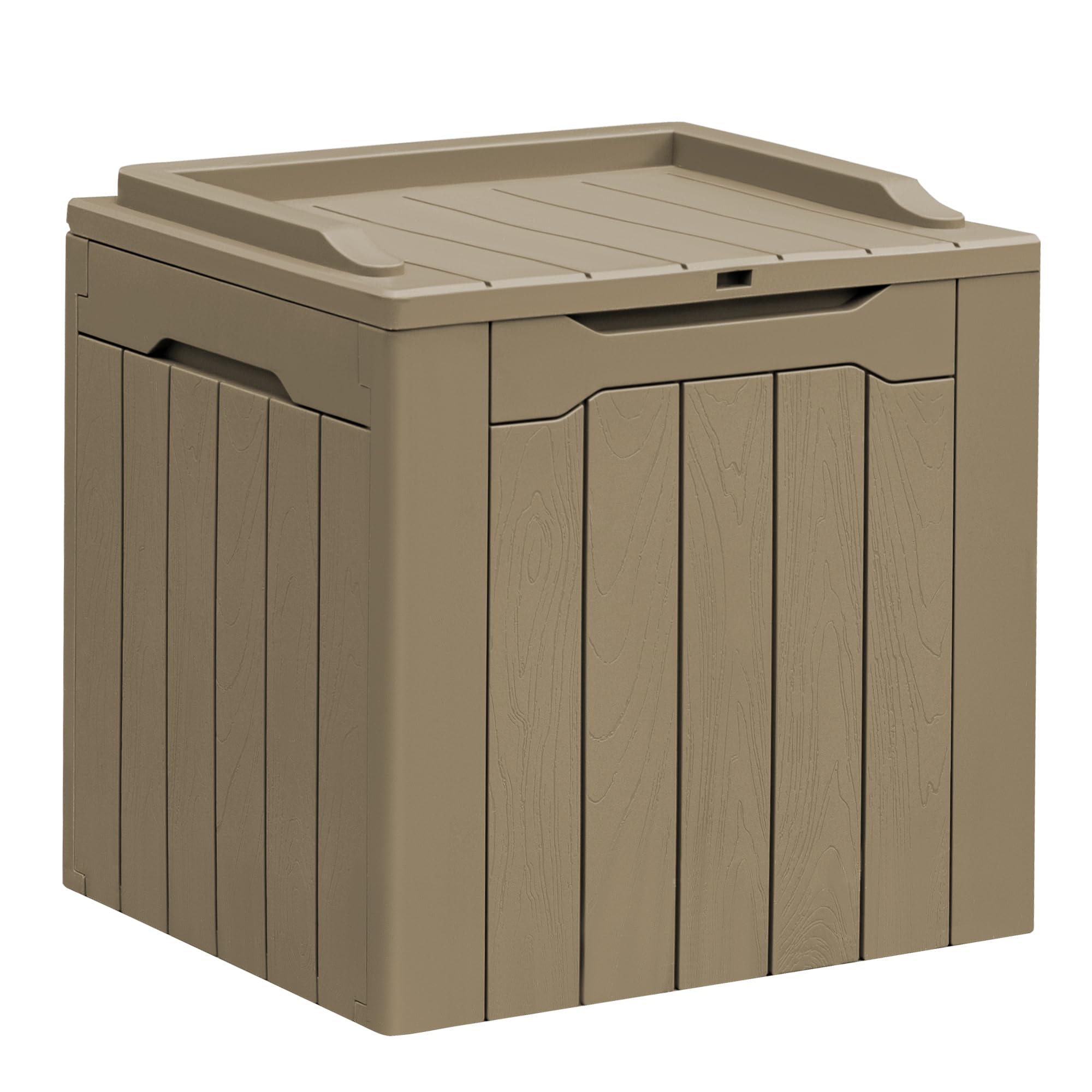 Greesum deck box front view in light coffee showing compact storage benefit